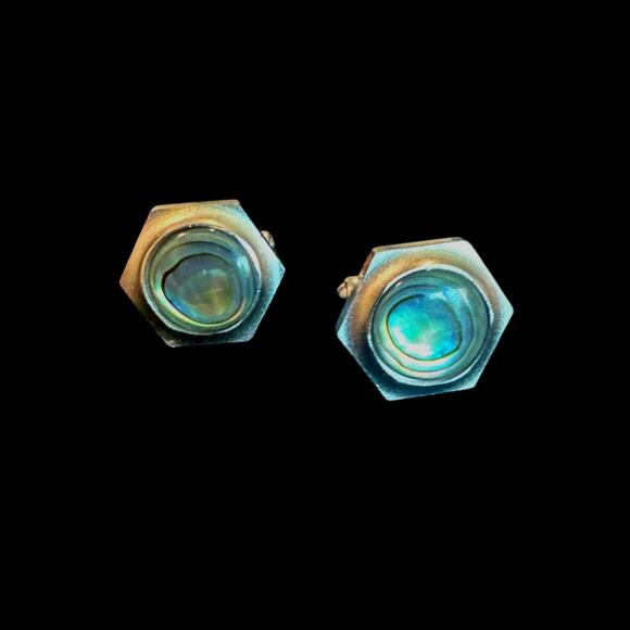 Vintage MOP Abalone Hexagon Cuff Links, Stainless Steel Silver Tone Unmarked - Picture 1 of 6